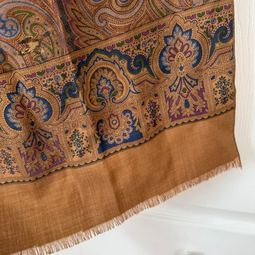 Vintage Reine Wolle Fine Wool Scarf Paisley Mallard Duck Print‎ Brown Copper 61